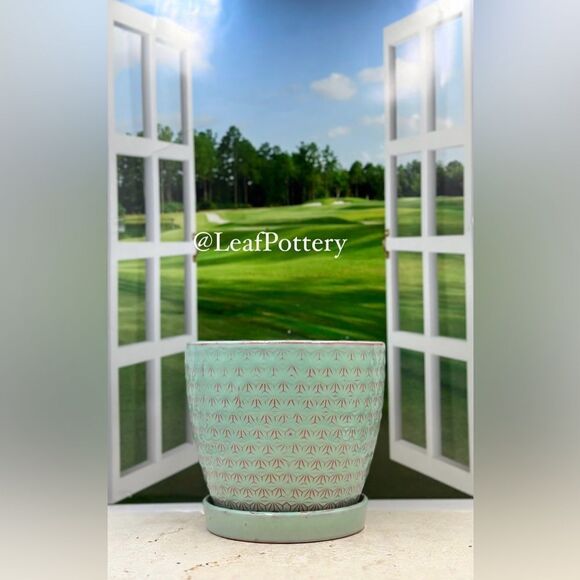 Atasi Aqua/Pink Ceramic Planter Pot with Saucer Attached - Picture 9 of 9